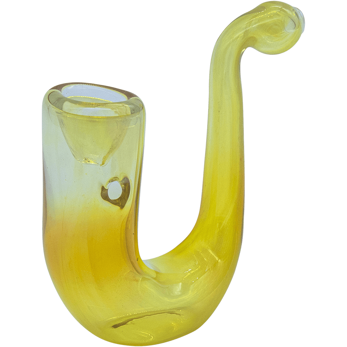 A side view of "The Calabash" Fumed Glass Sherlock pipe, featuring a curved neck and smooth glass finish.
