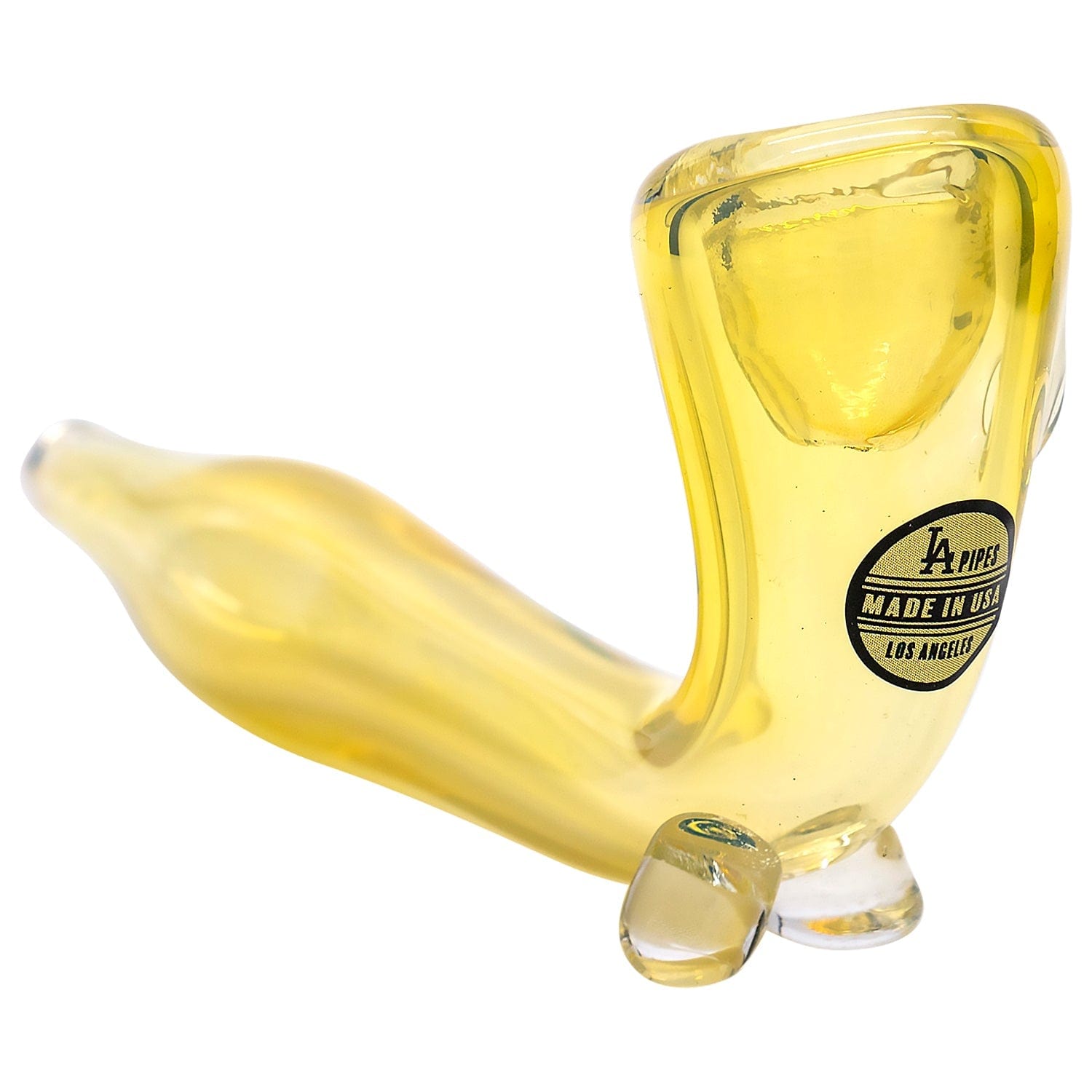 A three-quarter view of “The Dublin” Sitting Fumed Sherlock pipe, showing its curved design and subtle fume detailing in clear glass.