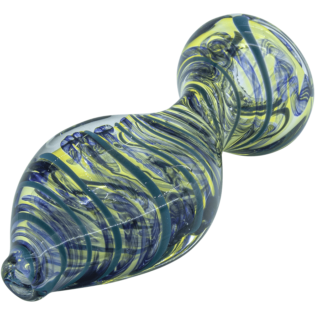 A three-quarter view of The "Flat Belly" Inside-Out Chillum, showcasing its curved glass and swirling blue and green patterns.