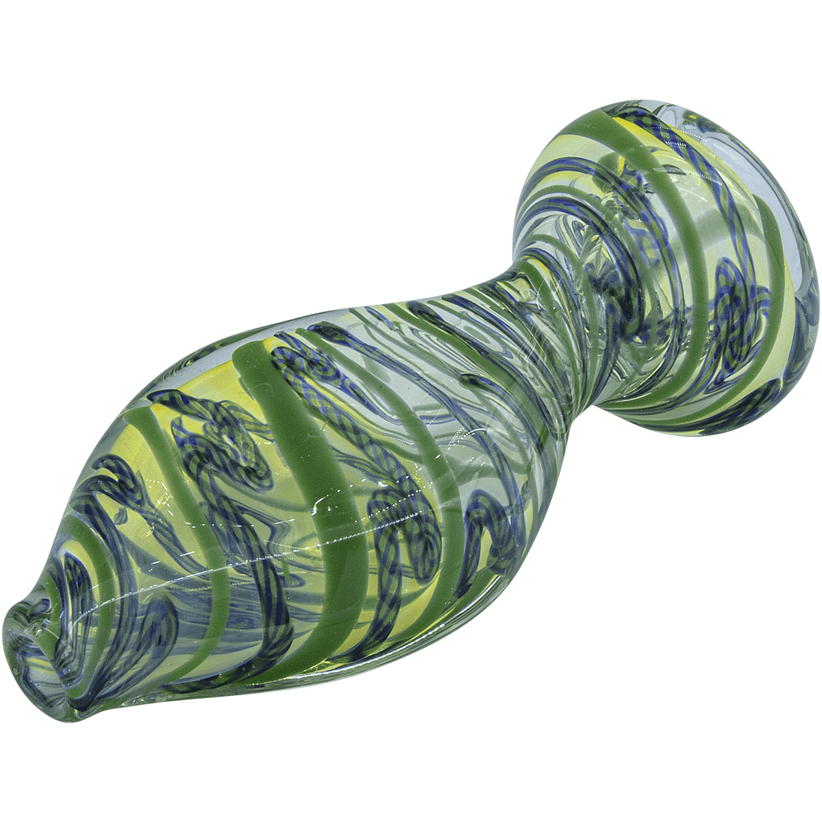 A side view of “The Flat Belly” Inside-Out Chillum, featuring a curved glass design and visible internal structure.