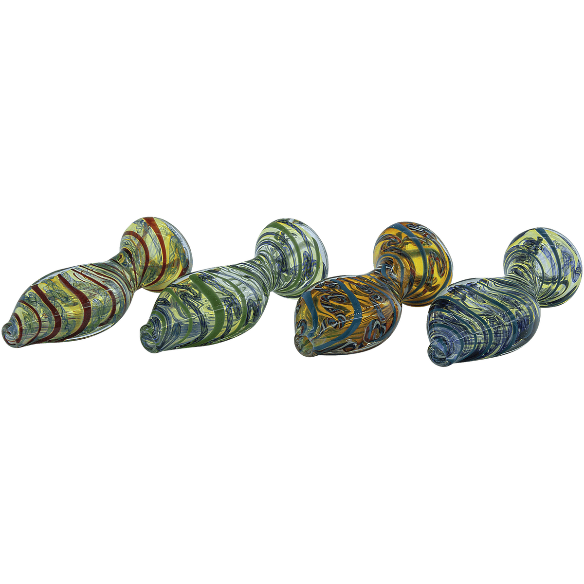 A close-up of “The Flat Belly” Inside-Out Chillum, showing a curved, multi-colored glass pipe against a white background.