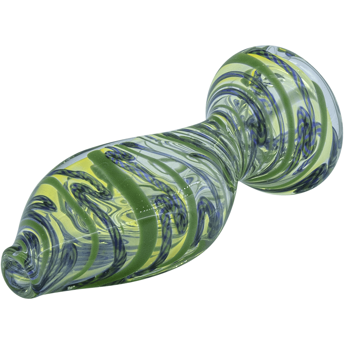 A close-up, angled view of The "Flat Belly" Inside-Out Chillum, showcasing its smooth, green and clear glass construction.