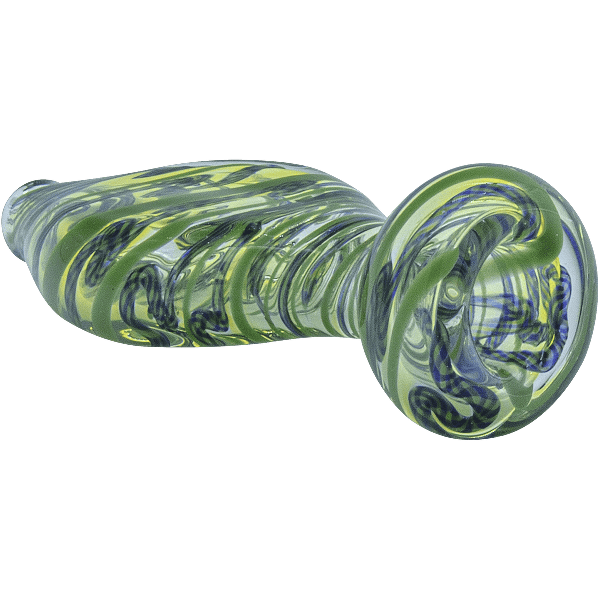 A close-up view of “The Flat Belly” Inside-Out Chillum, showing a swirl of green glass in a curved, cylindrical form.