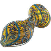 A three-quarter view of the “Flat Belly” Inside-Out Chillum, a colorful glass piece with a rounded belly shape.