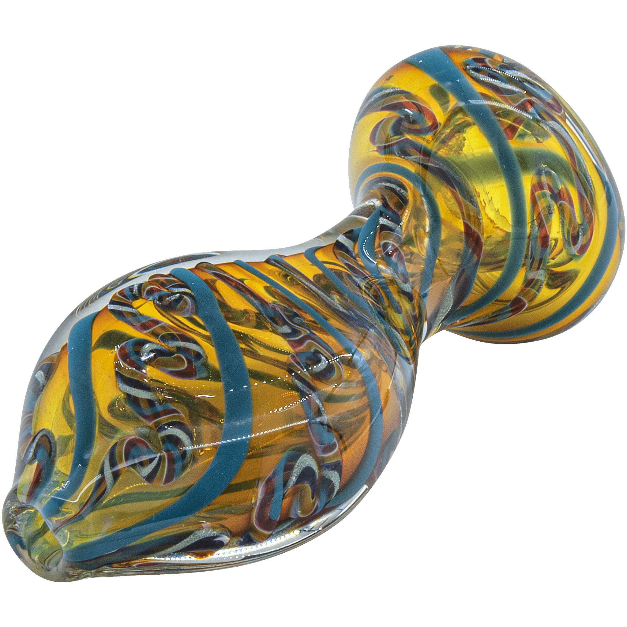 A three-quarter view of the “Flat Belly” Inside-Out Chillum, a colorful glass piece with a rounded belly shape.