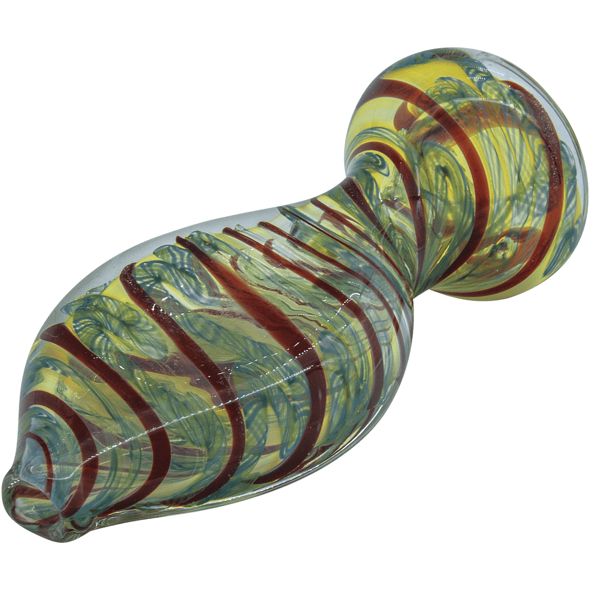 A close-up, angled view of The "Flat Belly" Inside-Out Chillum, showcasing its green and amber swirling glass design.