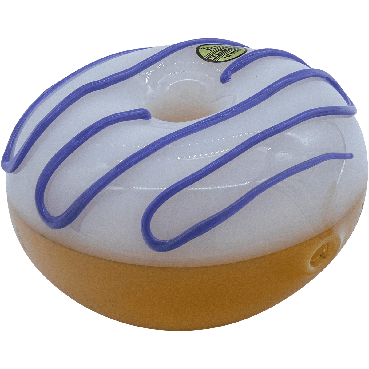 Front view of the “Frosted Donut” Glass Pipe, showcasing its colorful, swirled glass design against a plain white backdrop.
