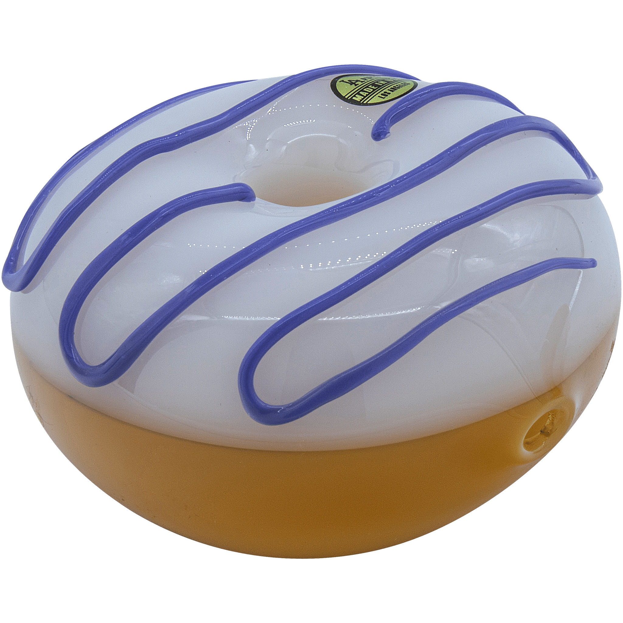 Front view of the “Frosted Donut” Glass Pipe, showcasing its colorful, swirled glass design against a plain white backdrop.