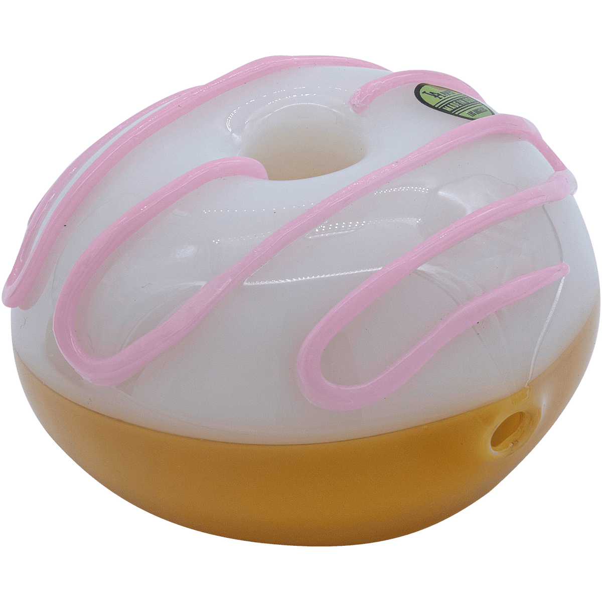Front view of the “Frosted Donut” Glass Pipe, a colorful, sculpted glass pipe resembling a frosted donut.