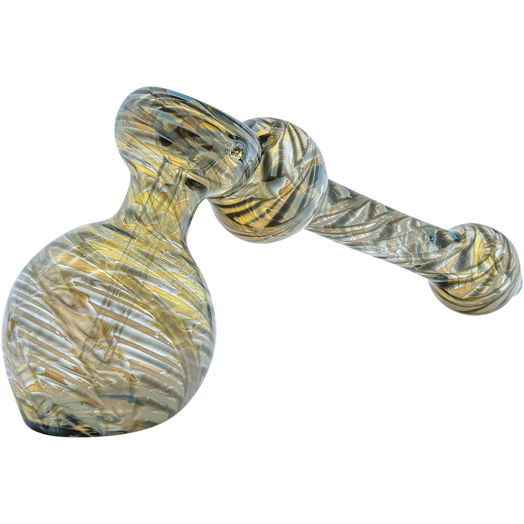 A three-quarter view of “The Full Rake” Fumed Hammer Bubbler Pipe, showcasing its textured glass and rounded form against a plain white background.