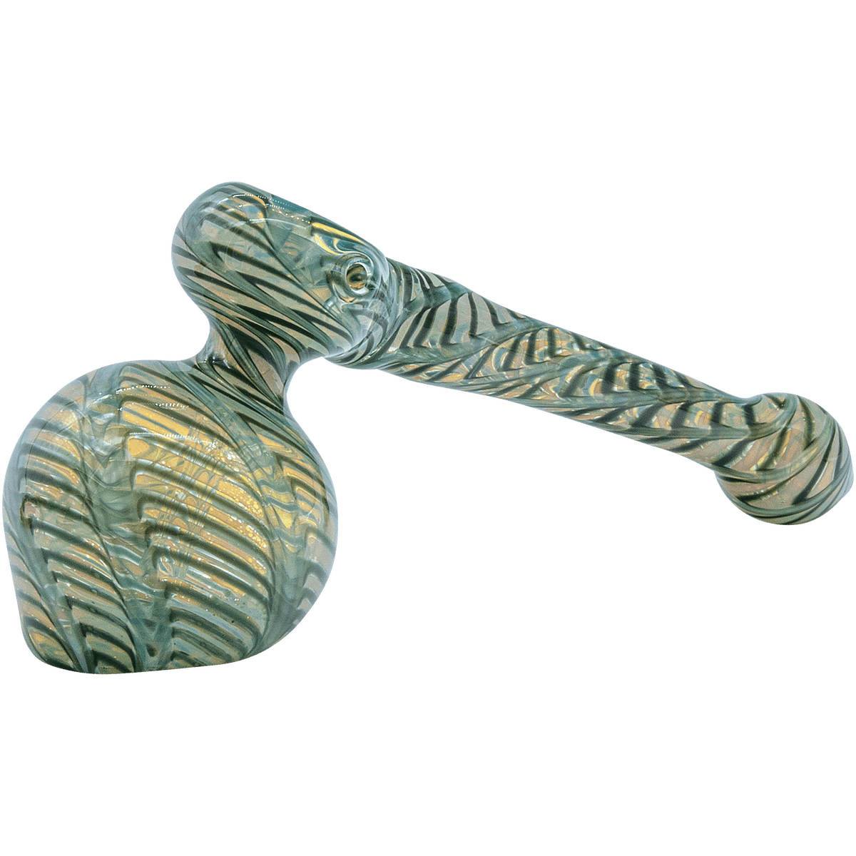 A close-up, angled view of “The Full Rake” Fumed Hammer Bubbler Pipe, showcasing its swirling glass pattern and translucent finish.