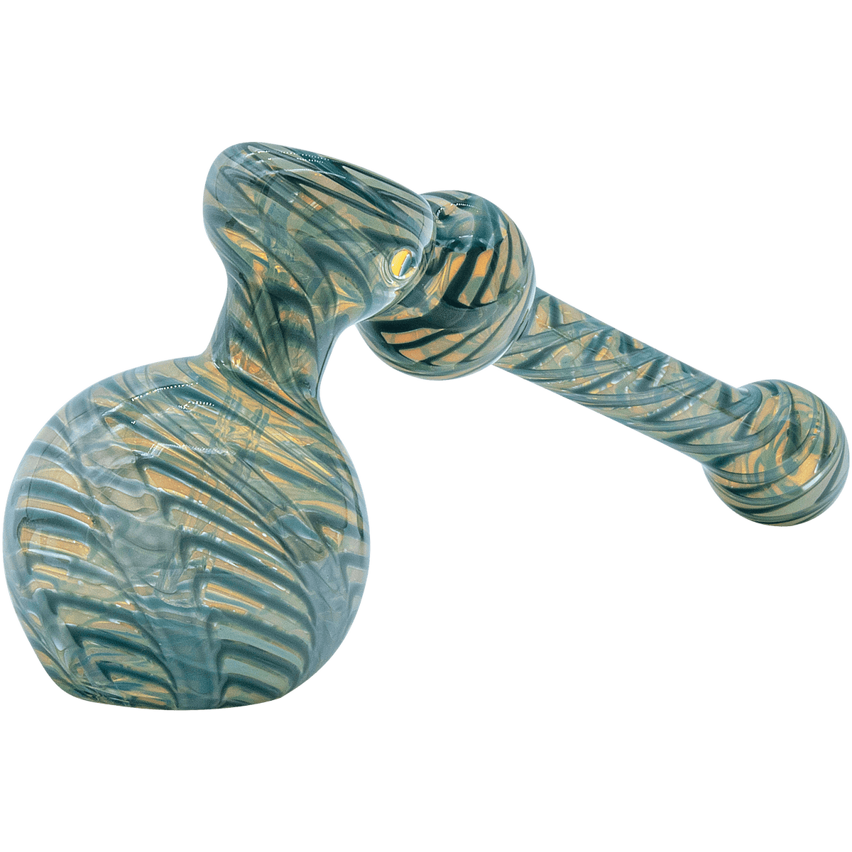 A studio shot of “The Full Rake” Fumed Hammer Bubbler Pipe, showcasing its smoky glass and unique, rounded form.