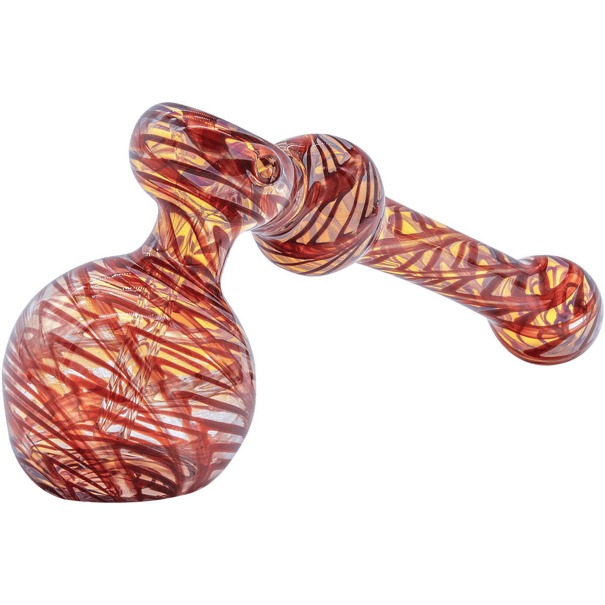 A front view of the “Full Rake” Fumed Hammer Bubbler Pipe, featuring swirling, colorful glass patterns.