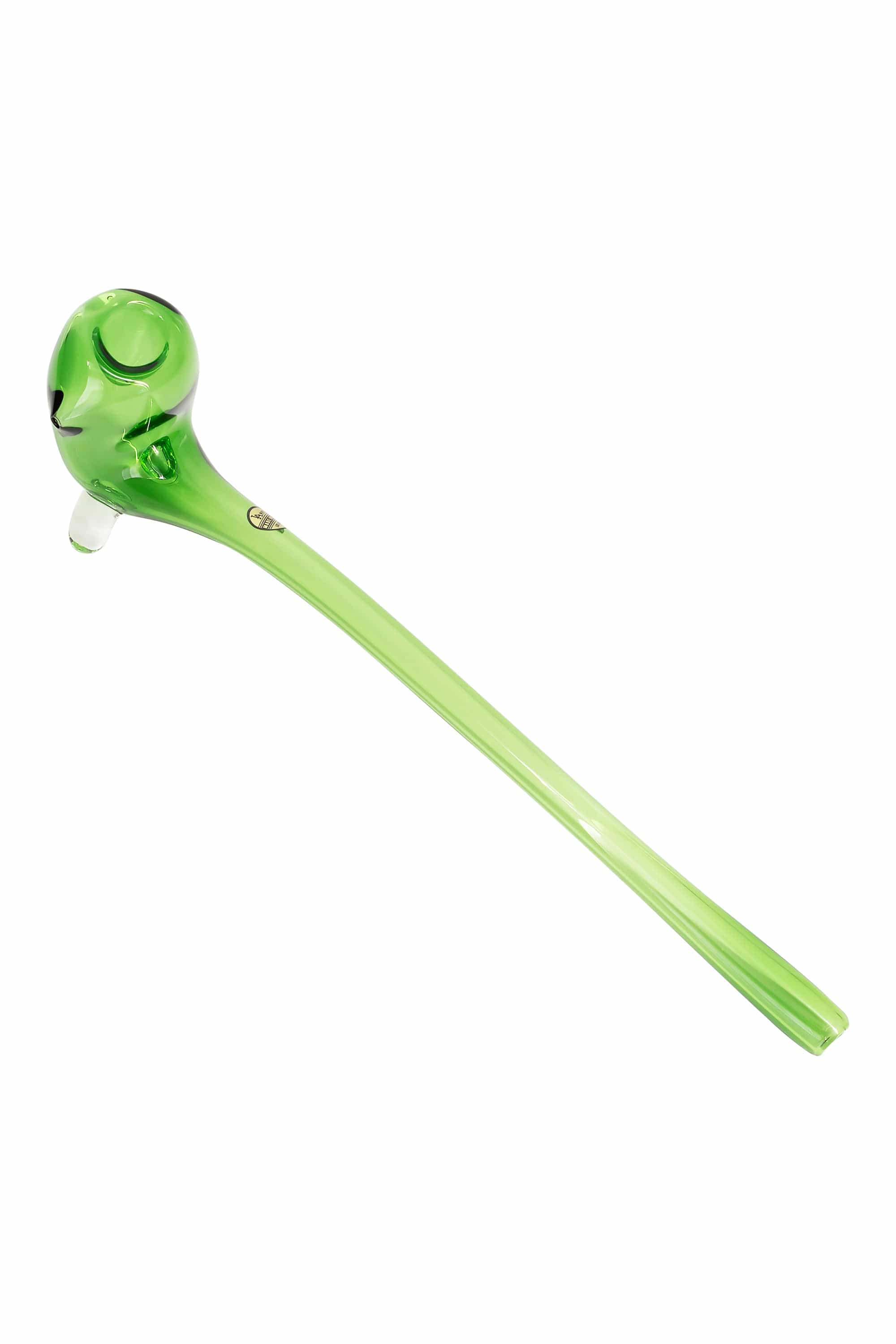 Angled close-up of a translucent green LA Pipes "The Gandalf" Pipe shown diagonally on a white background, highlighting its bulbous bowl and long stem.