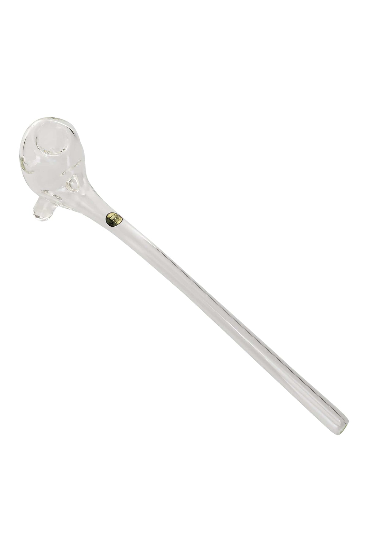 Diagonal close-up of the clear LA Pipes "The Gandalf" Pipe showing its rounded bowl, side carb hole, and slender stem against a white background