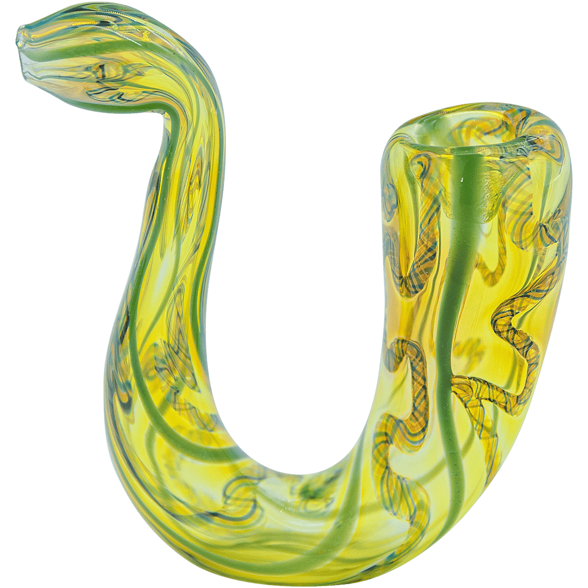 A slightly angled view of “The Gentleman's Sherlock” Sherlock Pipe, a curved glass pipe with light and dark green swirls.