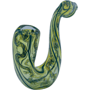 A detailed side view of The "Gentleman's Sherlock" Sherlock Pipe, showcasing its curved glass form and swirling green accents.