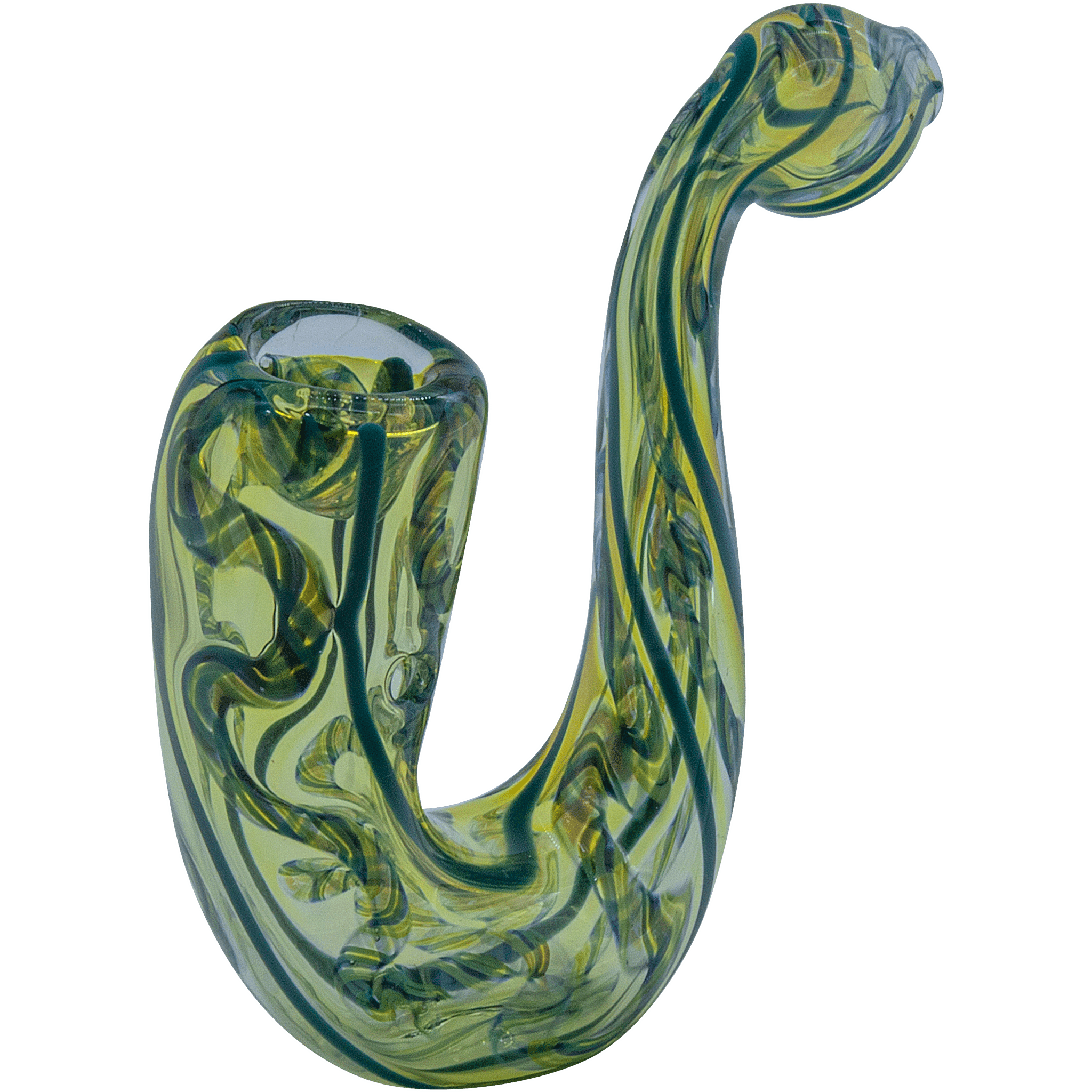 A detailed side view of The "Gentleman's Sherlock" Sherlock Pipe, showcasing its curved glass form and swirling green accents.