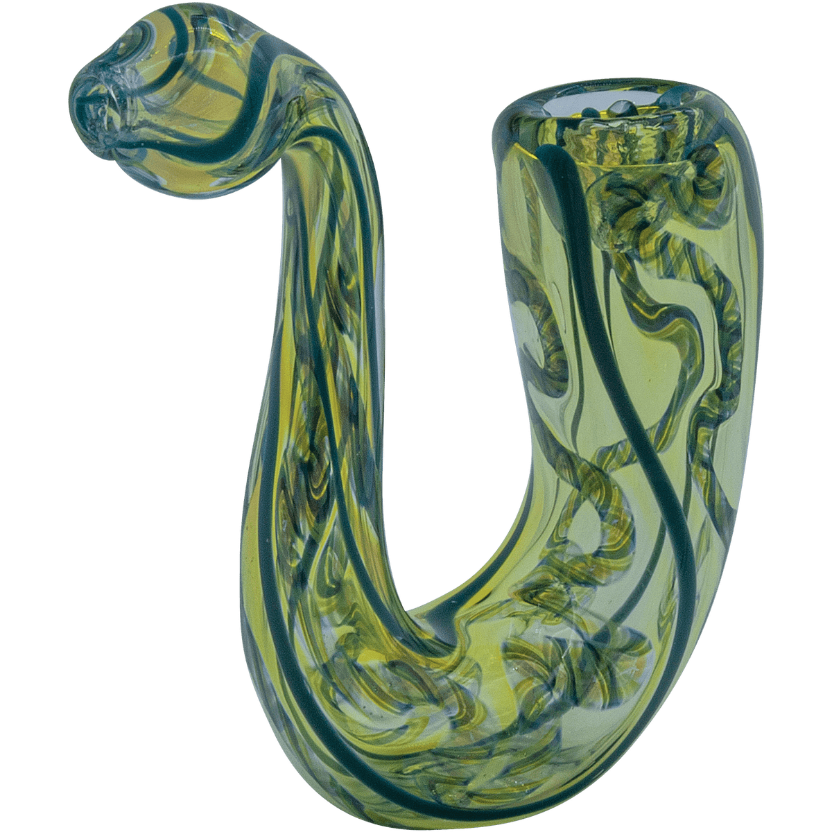 A detailed side view of "The Gentleman's Sherlock" Sherlock Pipe, showcasing its curved design and green-tinted glass construction.