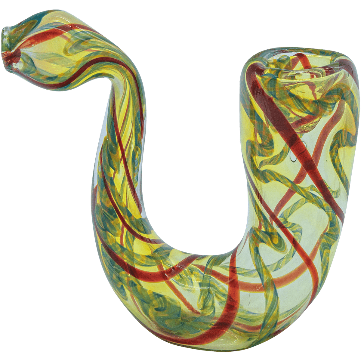 A three-quarter view of “The Gentleman’s Sherlock” Sherlock Pipe, a curved glass pipe with green and red accents.