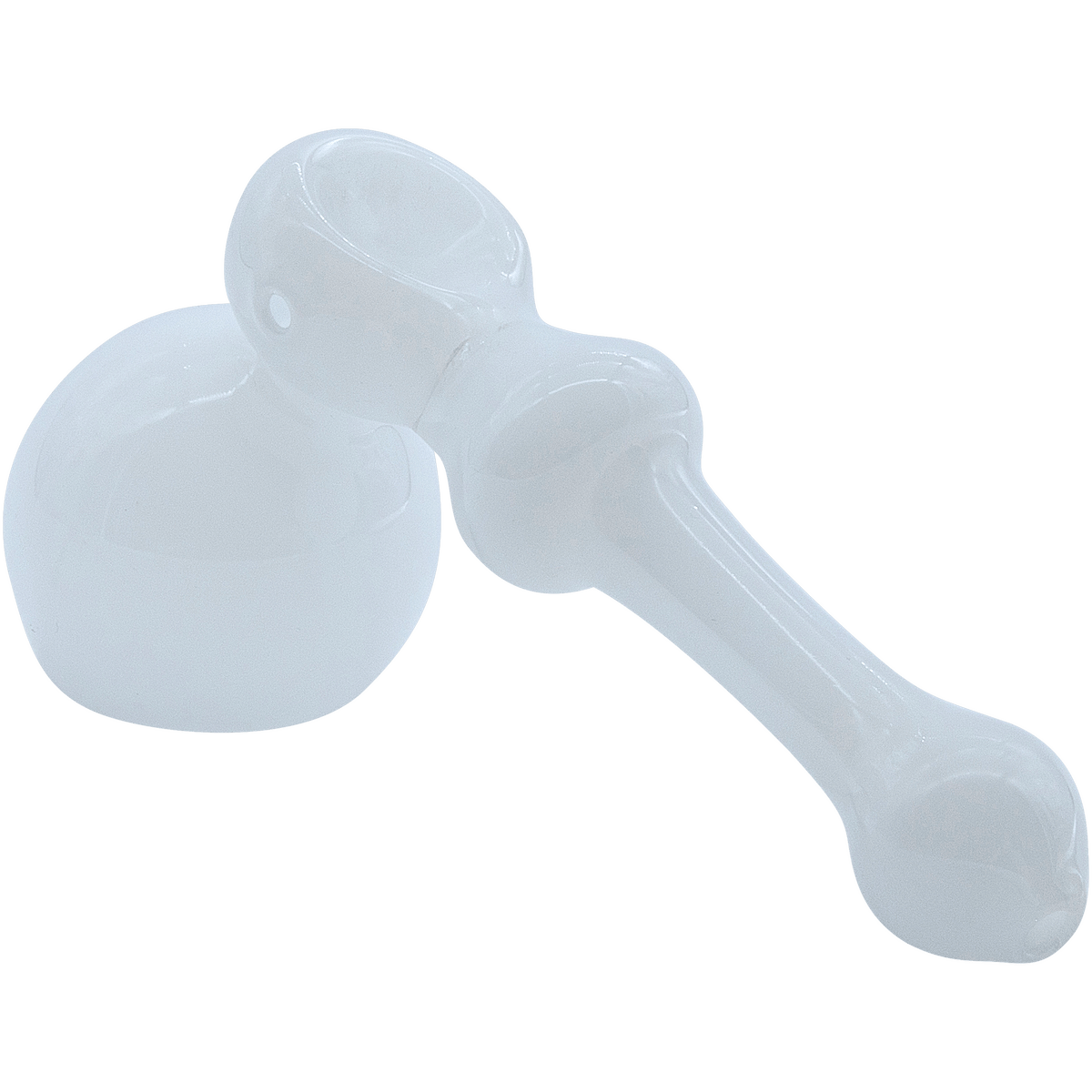 A side view of the “Ivory Hammer” Glass Hammer Bubbler Pipe, showcasing its curved glass design against a plain white background.