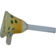 Close-up angled view of the LA Pipes The "Mission Bell" Pull-Stem Slide Bowl showing its yellow glass bowl with green dot accents and clear stem.