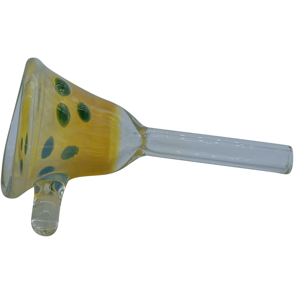 Close-up angled view of the LA Pipes The "Mission Bell" Pull-Stem Slide Bowl showing its yellow glass bowl with green dot accents and clear stem.