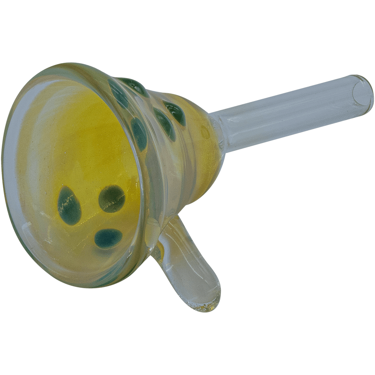 Angled close-up of the green LA Pipes The "Mission Bell" Pull-Stem Slide Bowl showing its rounded yellow-green bowl and clear stem.