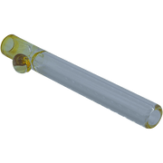 A side view of “The One Hitter Never Quitter” Glass One-Hitter, showing the clear glass pipe angled against a plain white background.