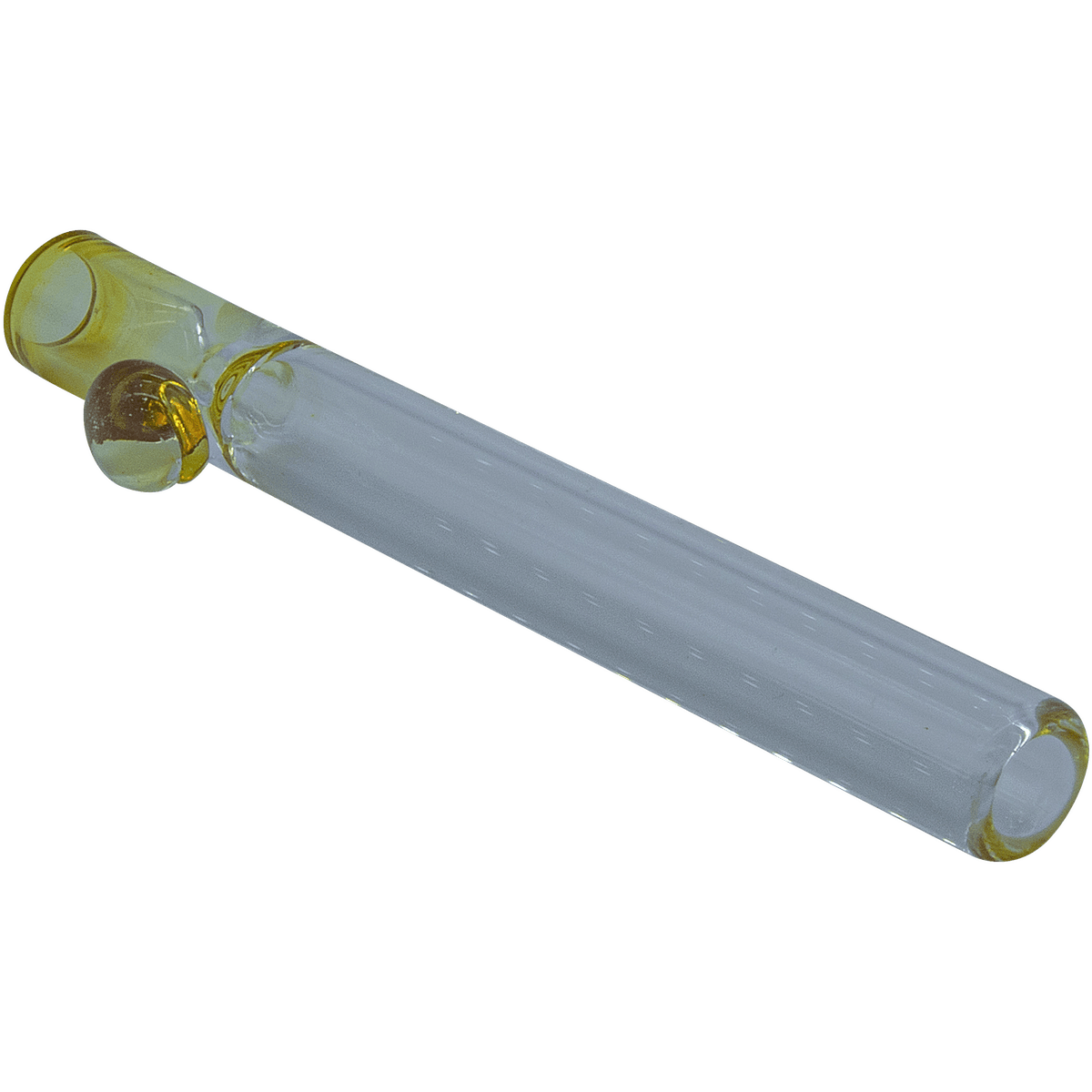 A side view of “The One Hitter Never Quitter” Glass One-Hitter, showing the clear glass pipe angled against a plain white background.