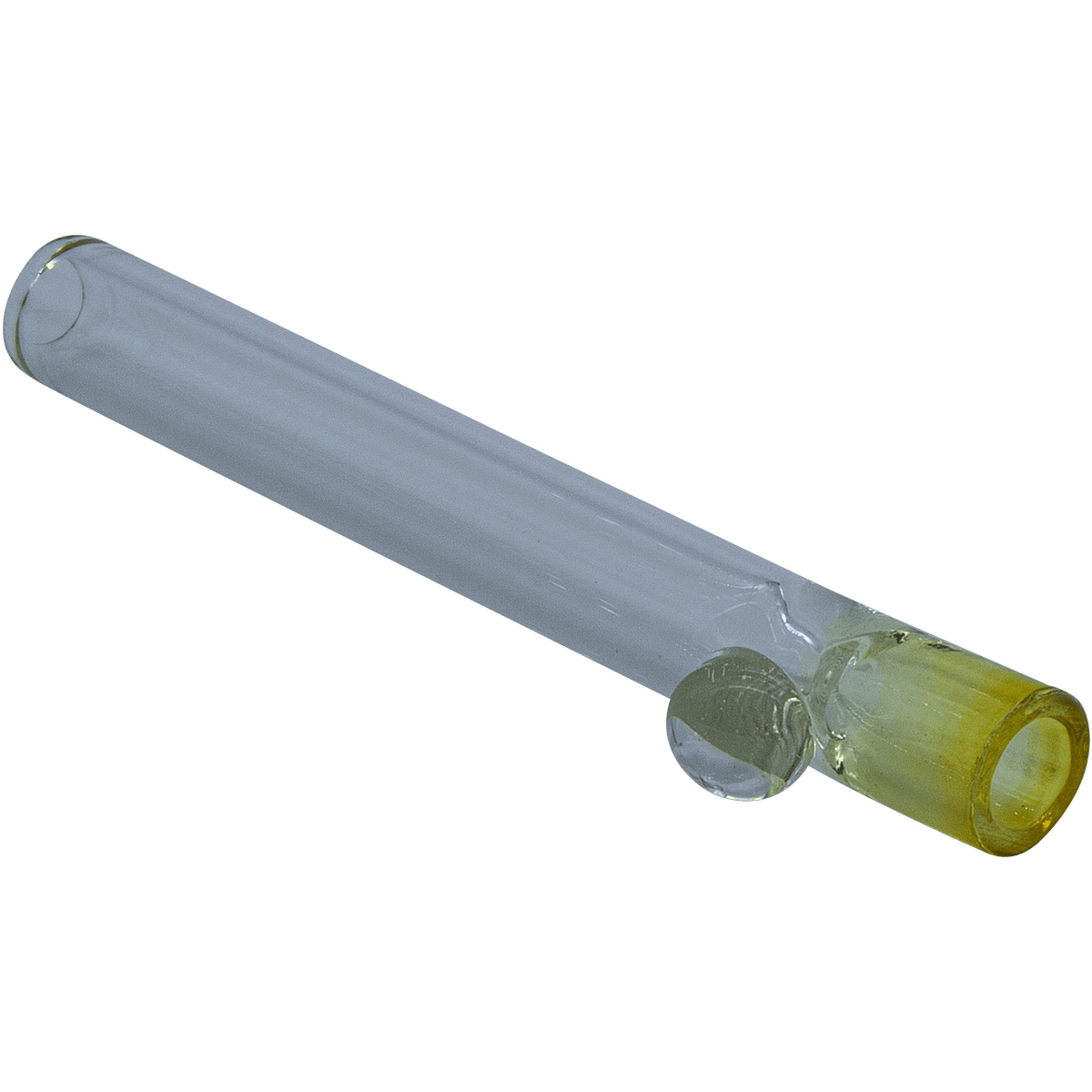 A diagonal view of the “One Hitter Never Quitter” Glass One-Hitter, showcasing its clear glass construction.