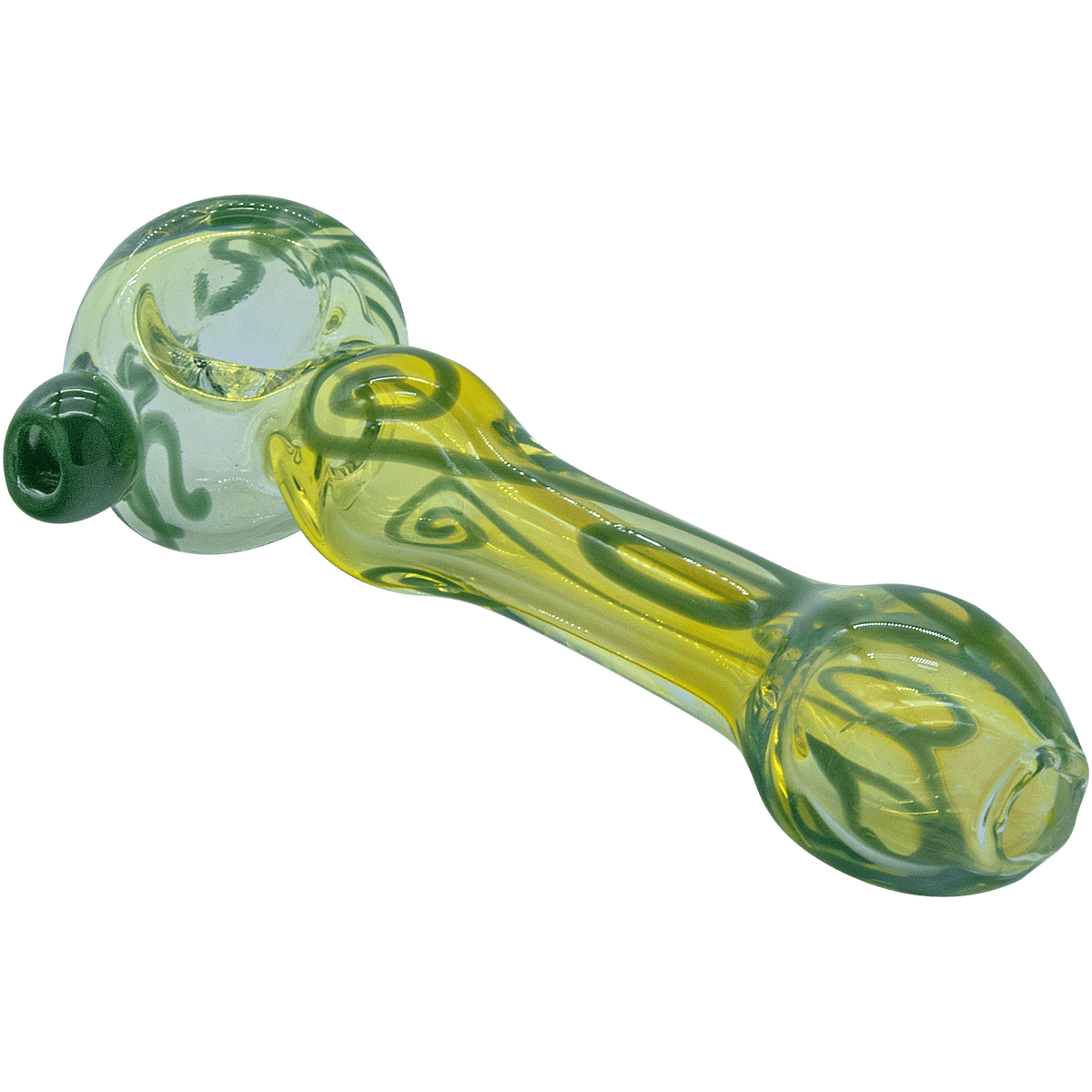A side view of The "Painted Warrior Spoon" Glass Pipe, showcasing its green-tinted glass and curved design.