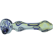 A detailed side view of the “Painted Warrior Spoon” Glass Pipe, showcasing its curved form and colorful painted details.