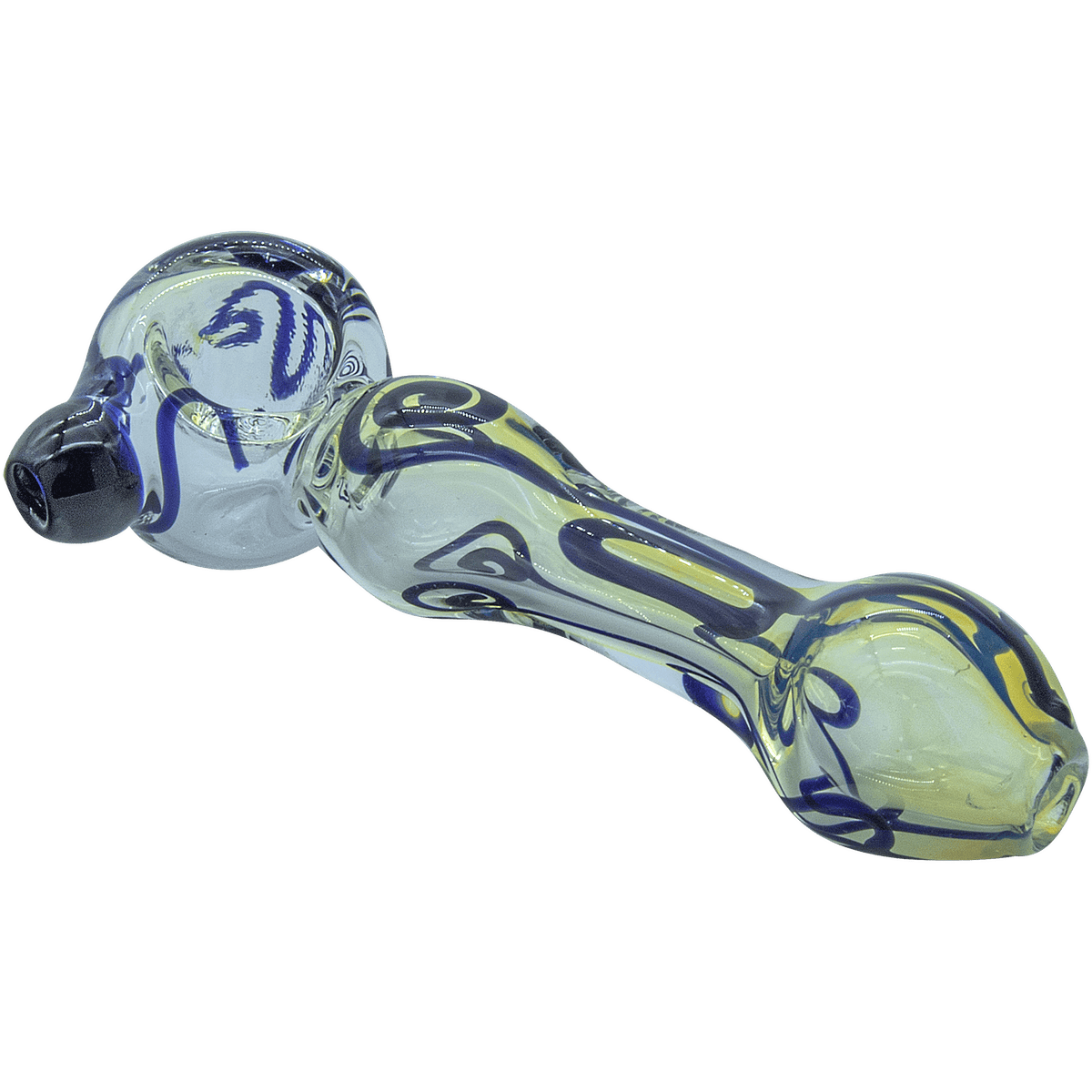 A close-up, angled view of The “Painted Warrior Spoon” Glass Pipe, showcasing its curved shape and colorful painted details.