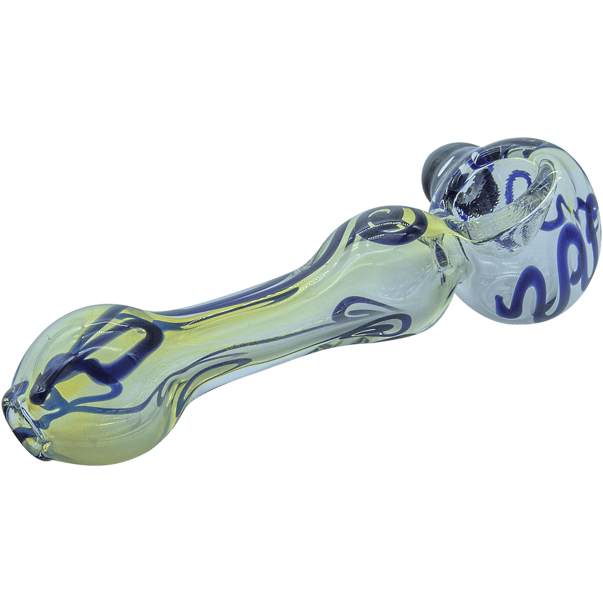 A side view of the "Painted Warrior Spoon" Glass Pipe, displaying its curved shape and detailed painted design.