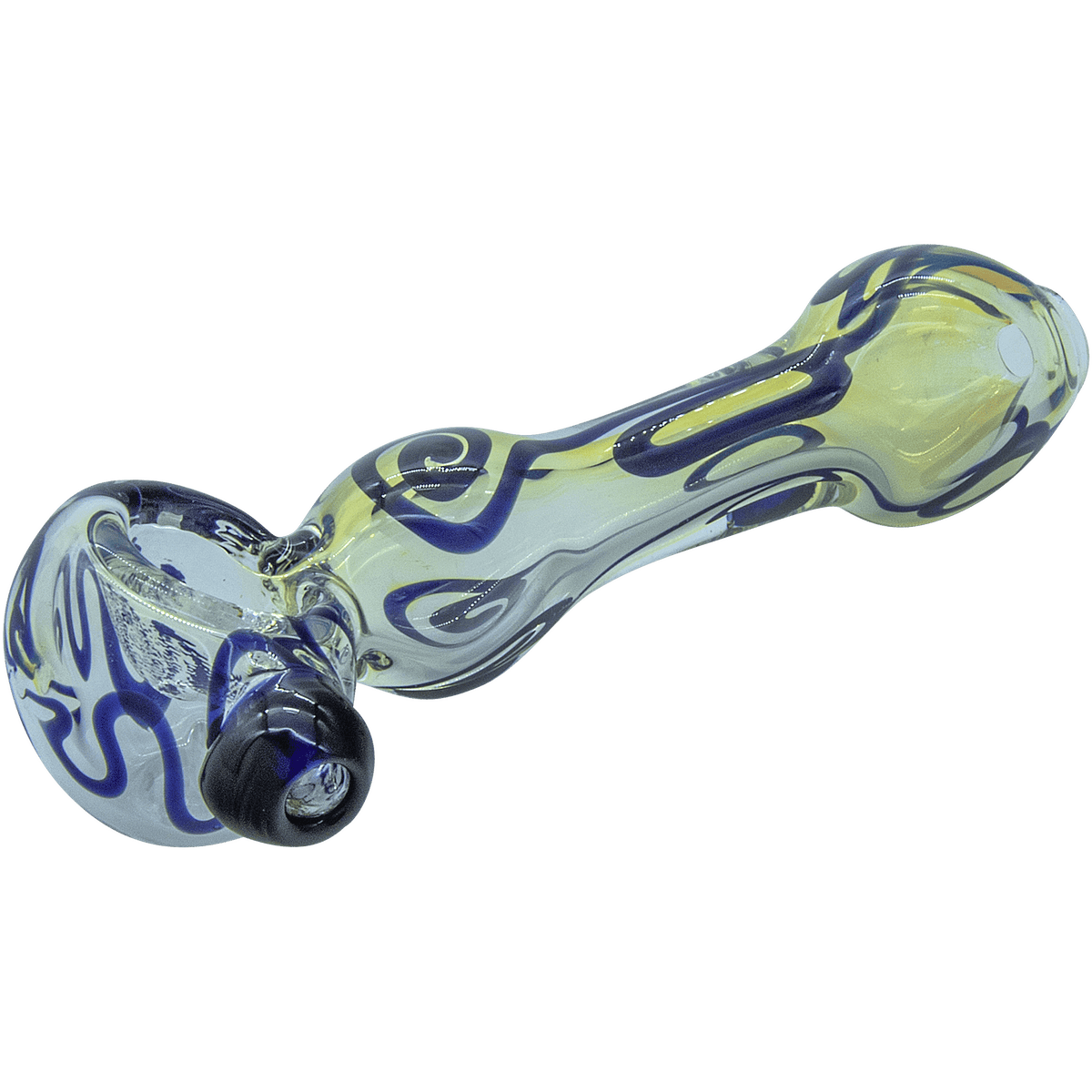 A close-up, angled view of “The Painted Warrior Spoon” glass pipe, showcasing its colorful, swirling design against a plain white background.