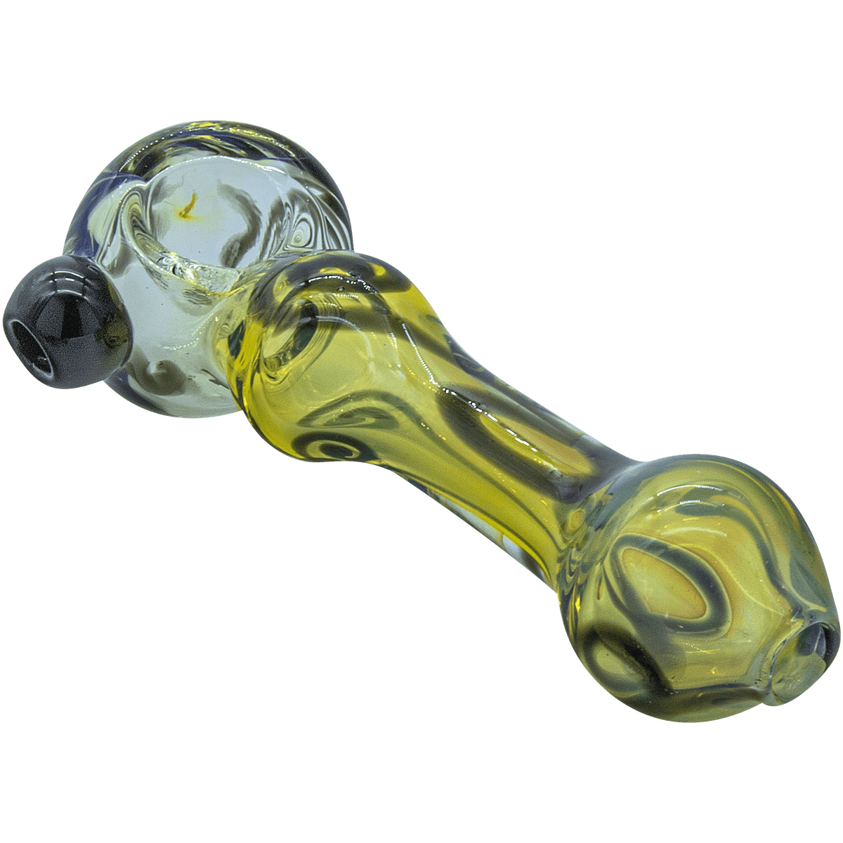 A side view of “The Painted Warrior Spoon” glass pipe, showcasing its curved shape and translucent amber hue.