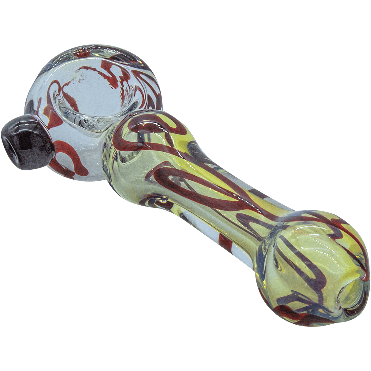 A close-up, angled view of The "Painted Warrior Spoon" Glass Pipe, showcasing its colorful, swirling glass design.