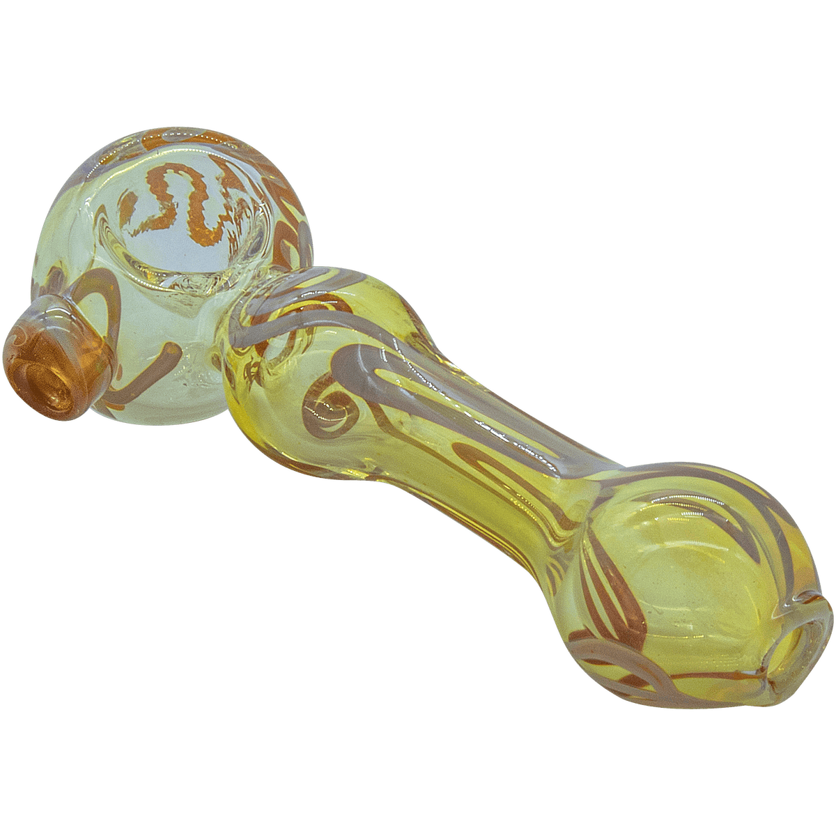 A slightly angled view of The "Painted Warrior Spoon" Glass Pipe, showing a curved, green glass pipe with amber accents.