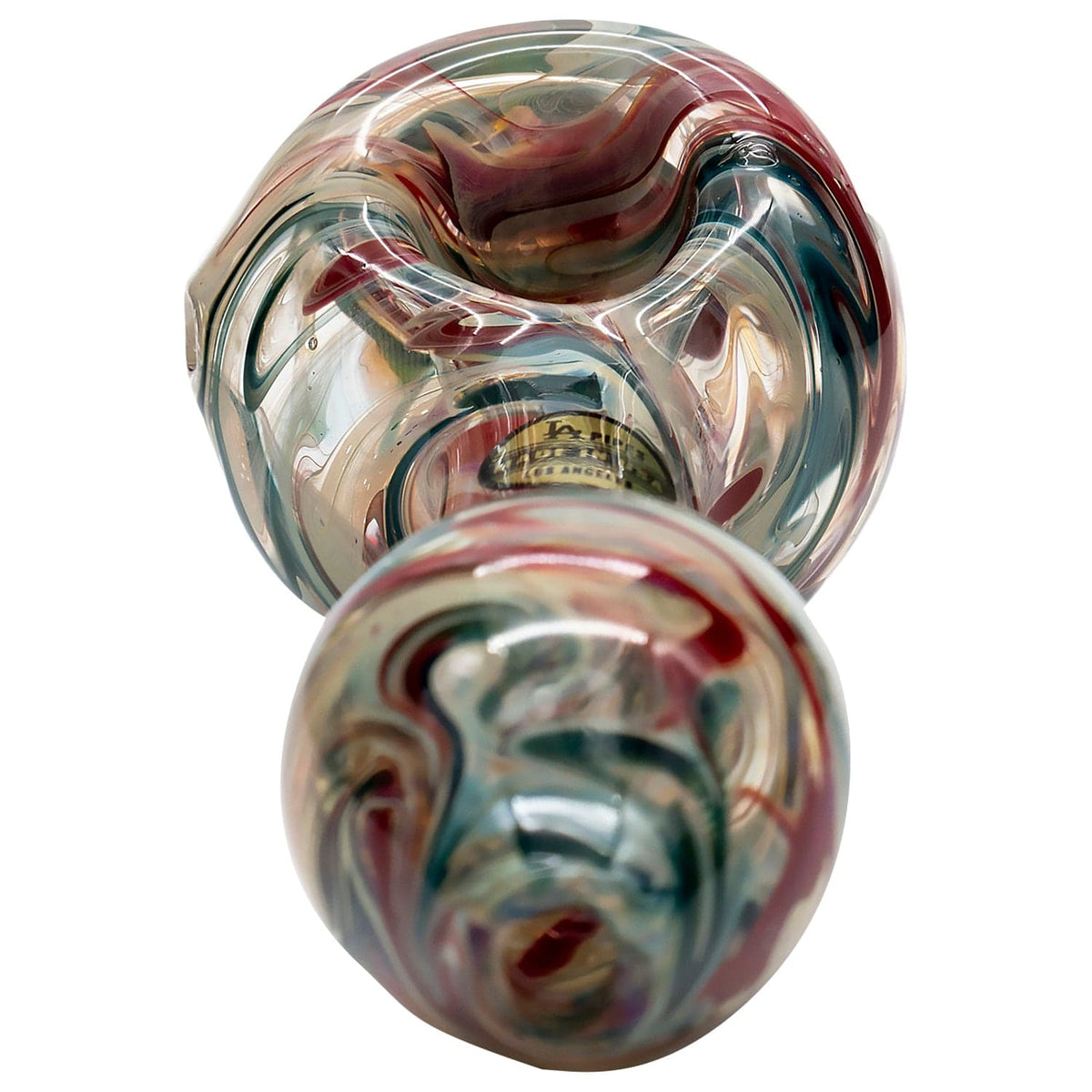 Front view of “The Primordial Ooze” Glass Spoon Pipe, showcasing the colorful glass swirl design.