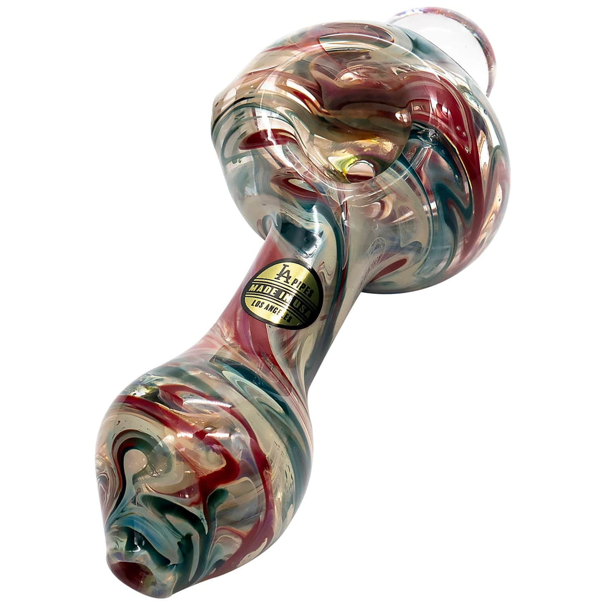 A close-up, angled view of The "Primordial Ooze" Glass Spoon Pipe, showcasing its colorful, swirled glass design.