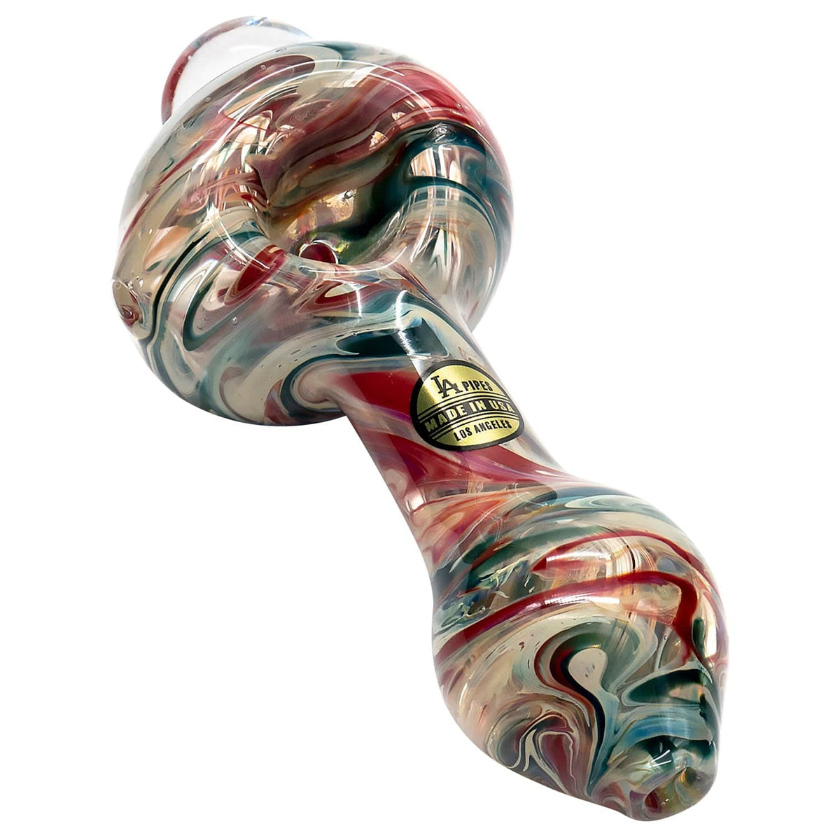 A close-up, angled view of “The Primordial Ooze” Glass Spoon Pipe, showcasing its colorful, swirling glass design.