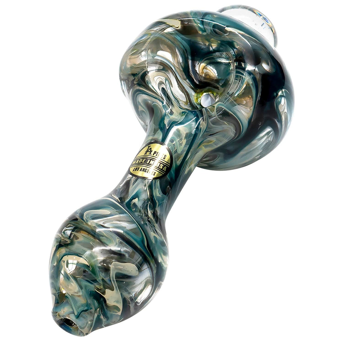 A detailed close-up of “The Primordial Ooze” Glass Spoon Pipe, showcasing swirling green and blue glass patterns.