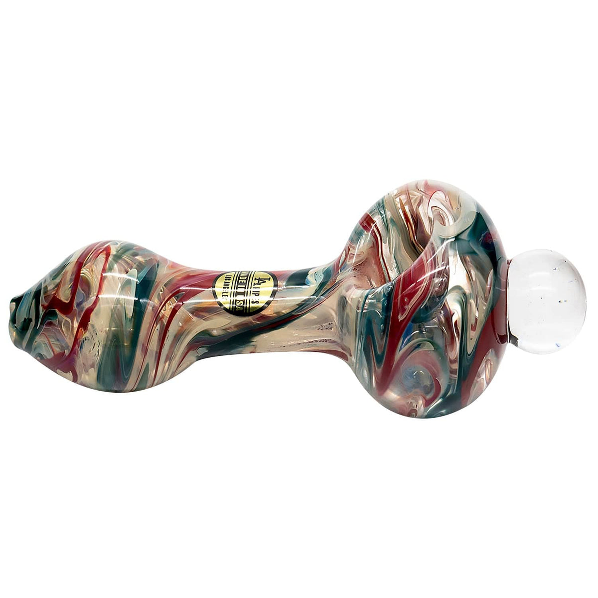 A close-up, angled view of "The Primordial Ooze" Glass Spoon Pipe, featuring colorful swirls within the clear glass design.
