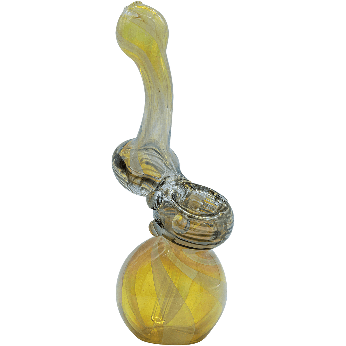 Front view of the “Rake Bubb” Fumed Sherlock Bubbler Pipe, showcasing its rounded glass form and smoky grey tint.