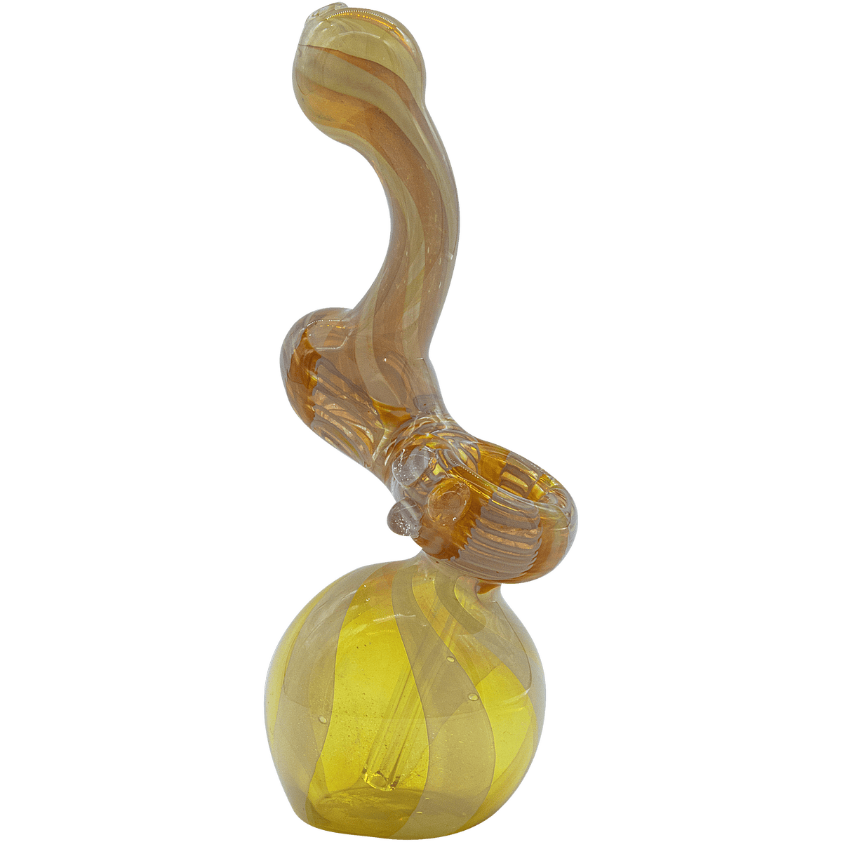 A close-up, angled view of The "Rake Bubb" Fumed Sherlock Bubbler Pipe, showcasing its curved glass form and subtle color gradient.