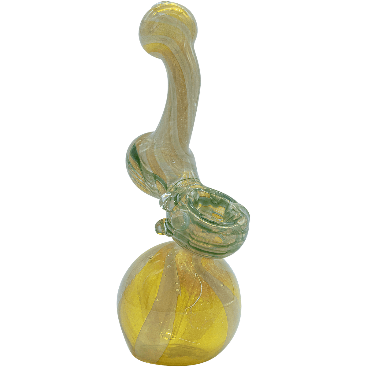 Front view of the “Rake Bubb” Fumed Sherlock Bubbler Pipe, showcasing its curved design and subtle fume coloring in clear glass.
