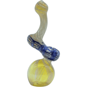A three-quarter view of the “Rake Bubb” Fumed Sherlock Bubbler Pipe, displaying a clear glass design with a rounded base.