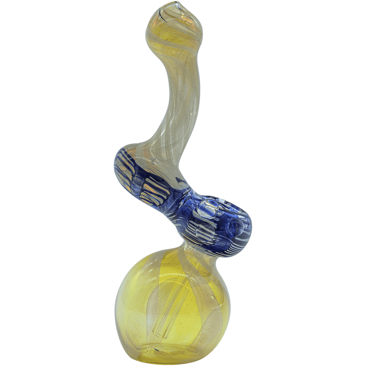 A three-quarter view of the “Rake Bubb” Fumed Sherlock Bubbler Pipe, displaying a clear glass design with a rounded base.