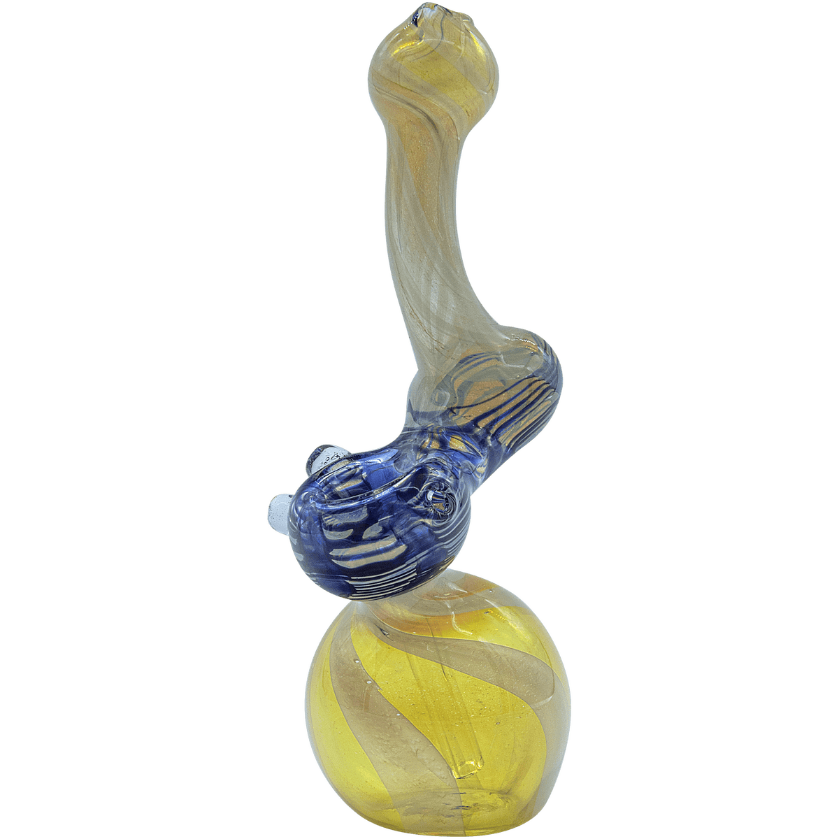 A front view of the “Rake Bubb” Fumed Sherlock Bubbler Pipe, showcasing its curved form and fumed glass finish.